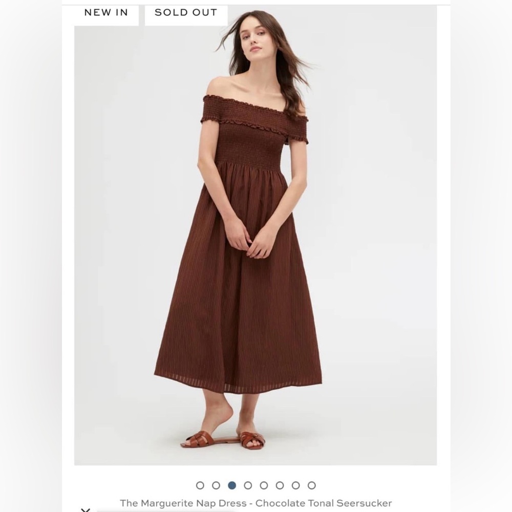 Hill House brown seersucker Marguerite Off-Shoulder Chocolate Brown Maxi Dress